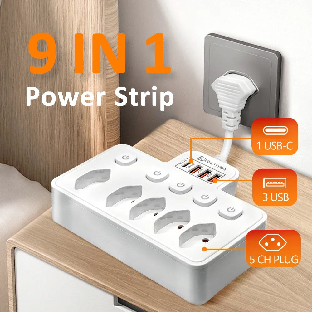 Switzerland AC Plug Independent Switch Multitap Wall Mounted Power Strip With USB Type C Ports Charging Network Filter Adapter