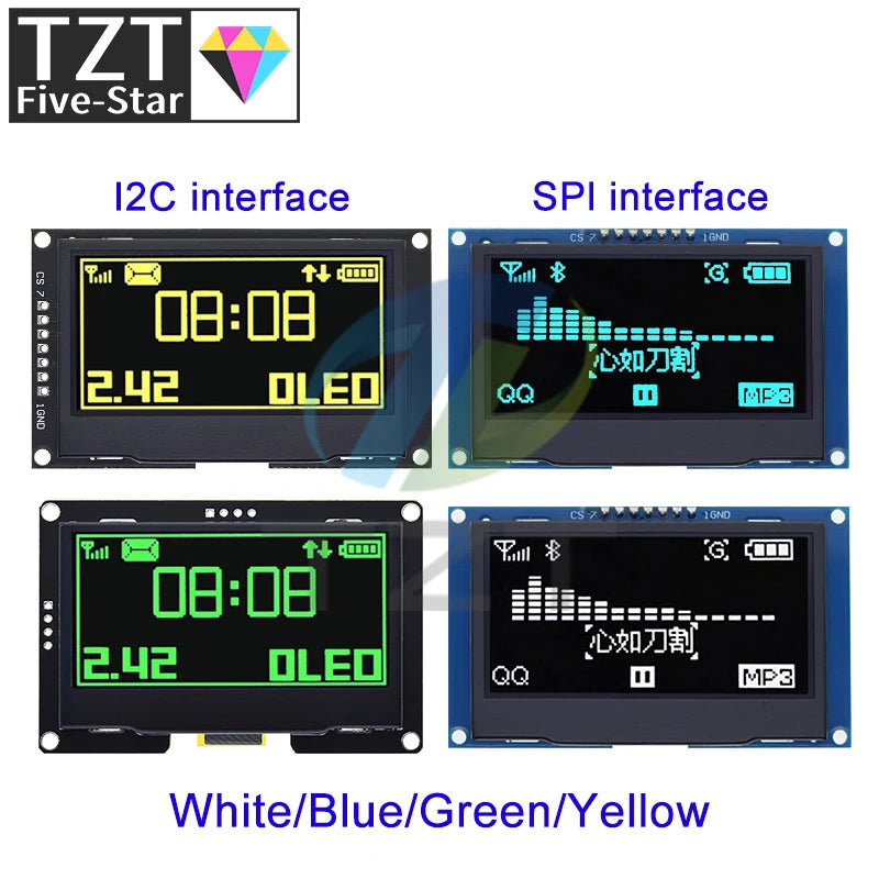 TZT 2.42" 2.42 inch LCD Screen White  Yellow 128x64 OLED Display Module IIC I2C SPI Serial for C51 SPD0301
