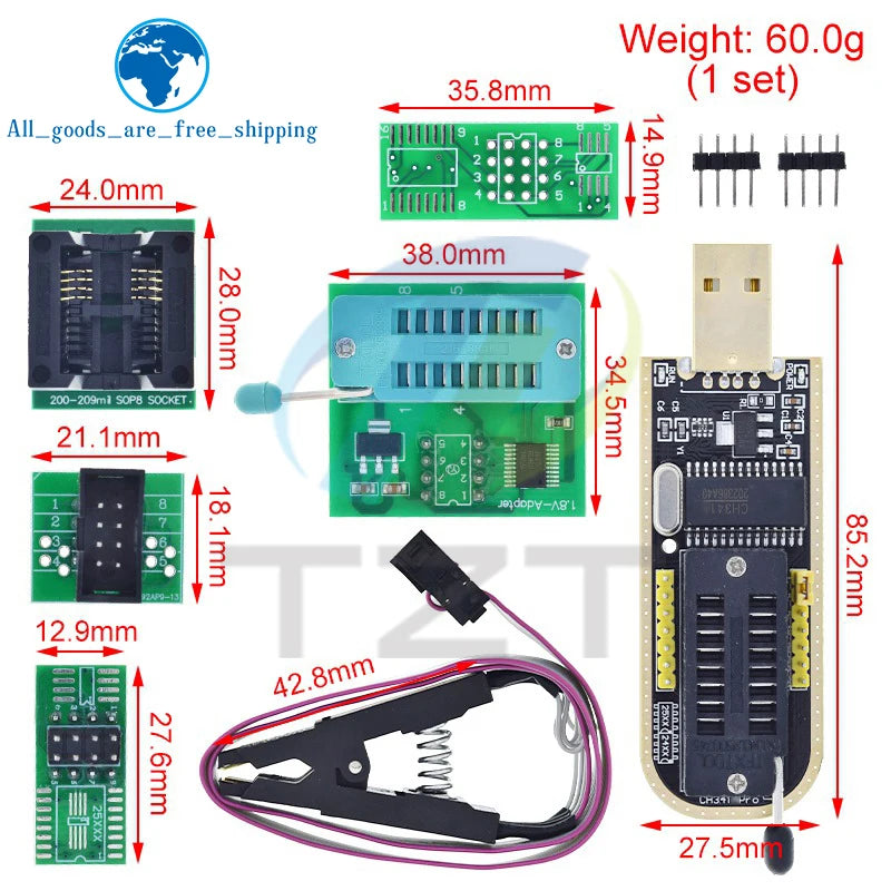 TZT CH341 CH341B 24 25 Series EEPROM Flash BIOS USB Programmer Module SOIC8 SOP8 Test Clip For EEPROM 93CXX / 25CXX / 24CXX