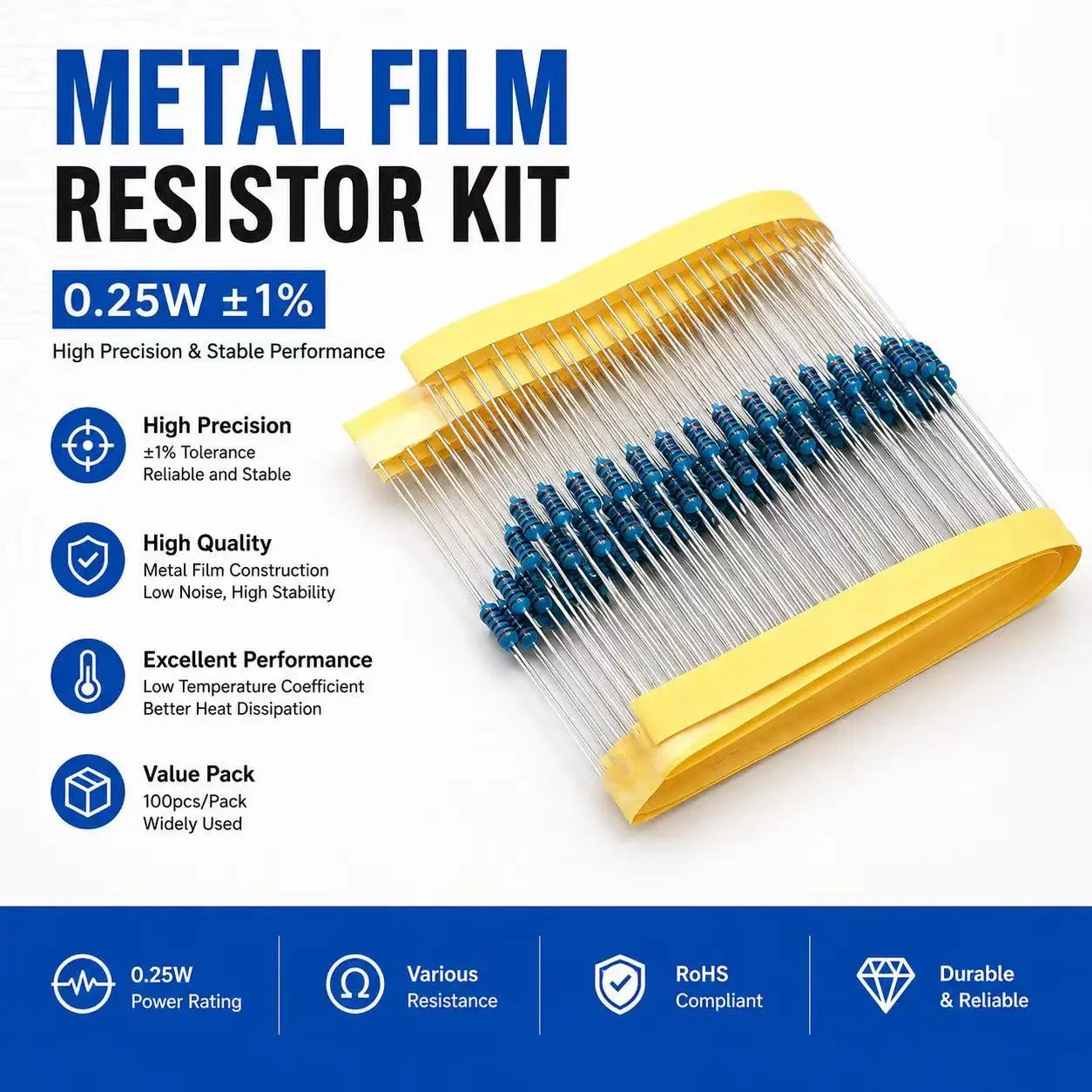 100pcs,0.25W 0R-22M 1% Metal Film Resistor 1/4W 0 2.2 10 100 150 220 270 330 470 1K 2.2K 4.7K 10K 47K 100K 470K 1M 10M 20M Ohms