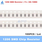 100PCS 1206 1% SMD Resistor 0R 1R 10R 100R 150R 220R 330R 470R 1K 2.2K 10K 100K 1M 0R~10M 1/4W 0 1 10 100 150 220 330 470 Ohm