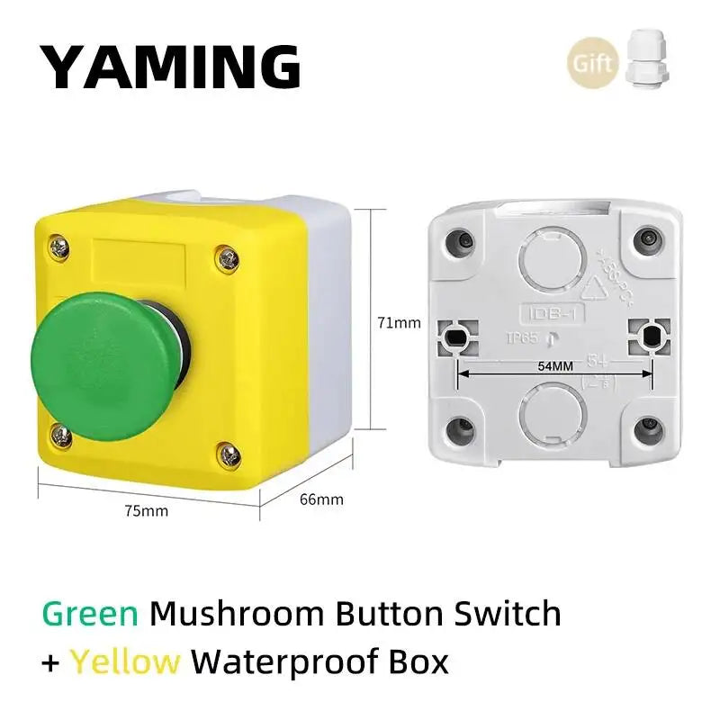 1P One-Hole Momentary Self-Reset Push Button Switch Start/Stop Round Flat Green Mushroom Head Control Box 22mm
