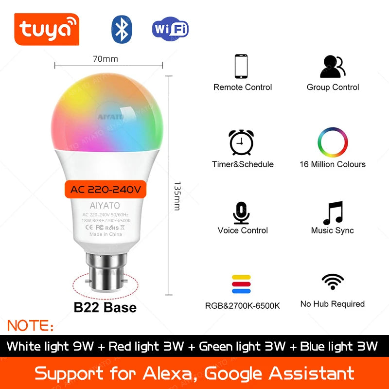 B22 Base UK TUYA Wifi Smart Bulb Bluetooth Lamps Led RGB Smart Light 220V Alexa Google Assisatnt Voice Control Timing APP Group
