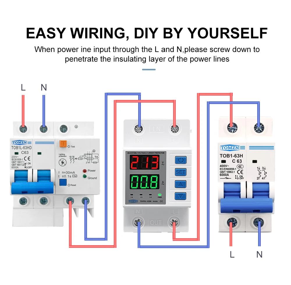 TOMZN TOVPD1-63DK Isolate L N 110V 230V AC Din Rail OVP OCP UVP Voltage Protector 63A Relay Automatic Adjustable Delay-ON
