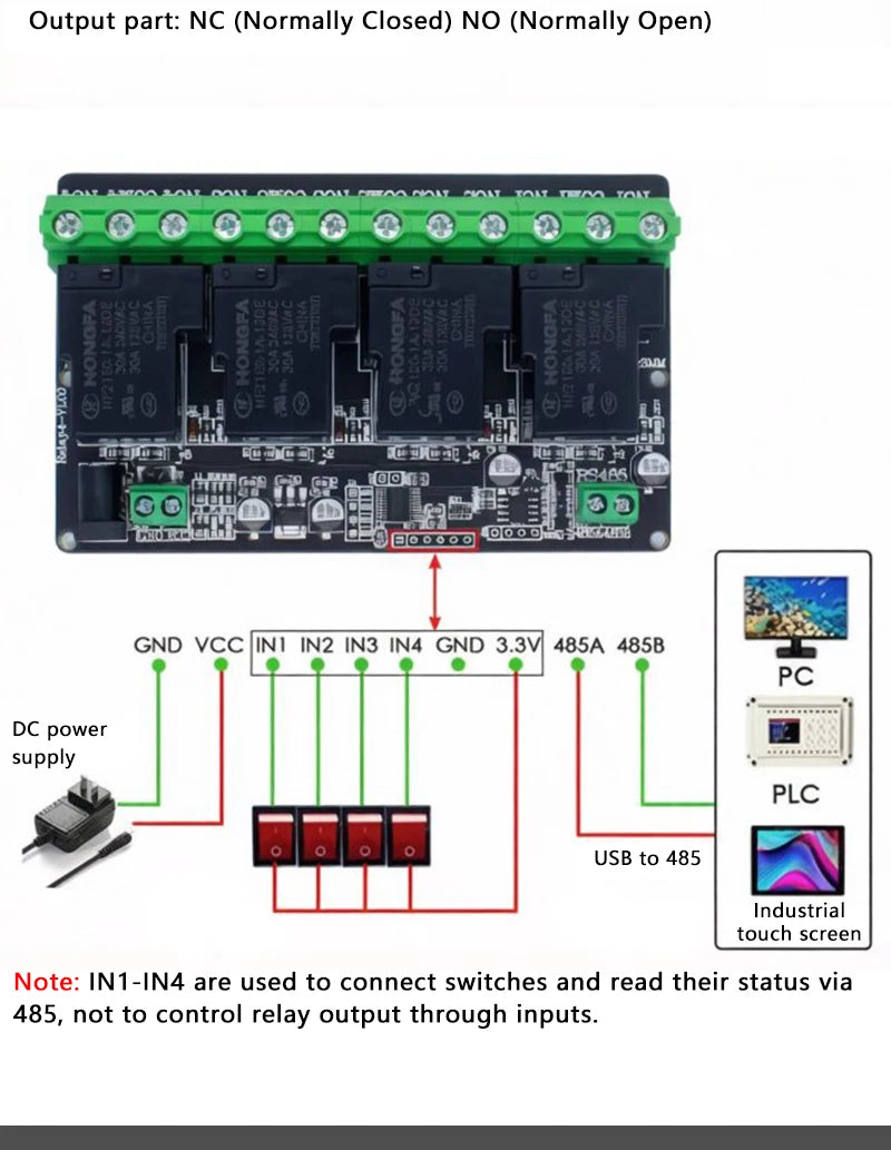 Modbus RTU RS485 TTL Relay Control Module Optional 3/4/6/8 Channel High Power Output Industrial PLC