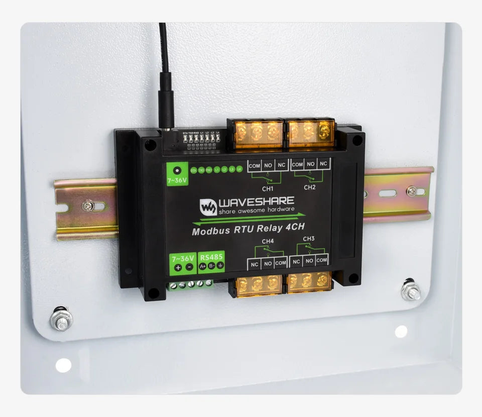 Waveshare Industrial Modbus RTU 4-ch Relay Module with RS485 Interface, 30A High Current, Onboard LED Indicators