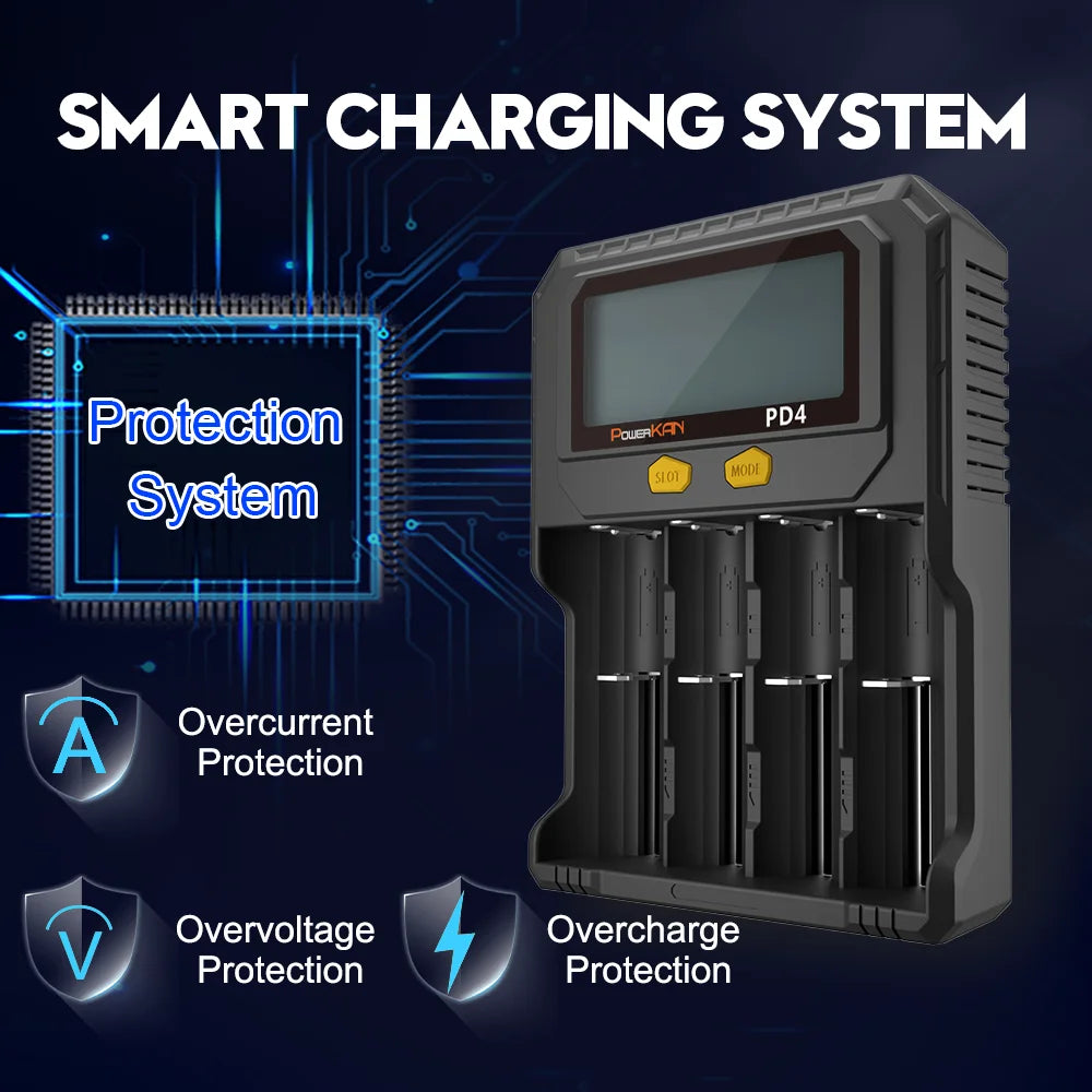 POWERKAN PD4 Smart Battery Charger with LCD Display Capacity Test for 18650 21700 26650 Li-ion Ni-MH Rechargeable Batteries