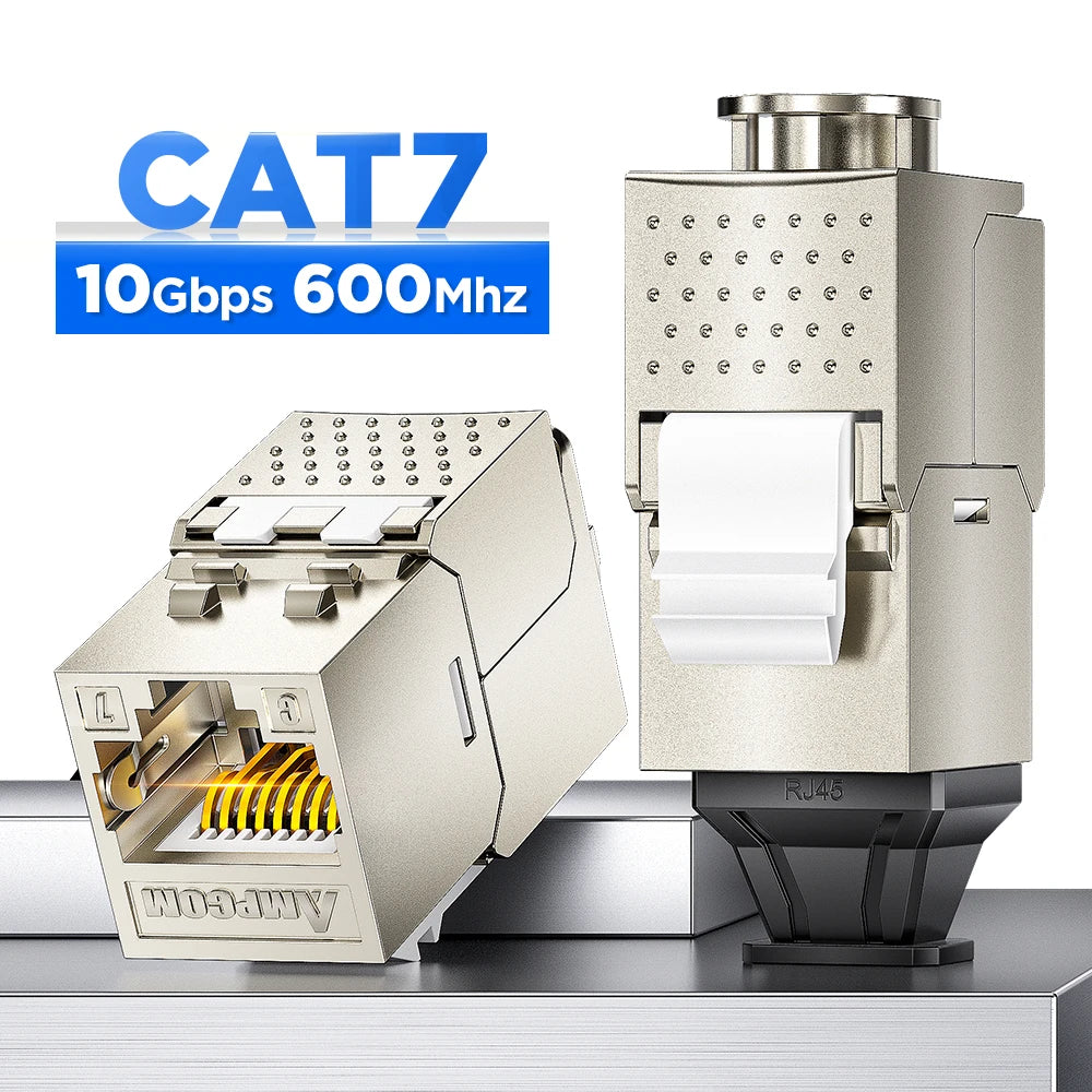 AMPCOM Pro+ Cat7/6A/6 Shielded Keystone Jack Zinc Alloy Toolless RJ45 Connector with 50u Gold Plated Pins for High-Speed Network