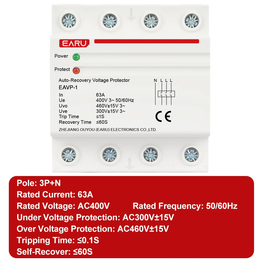 EARU 40A 63A AC 230V 400V Din Rail Automatic Recovery Reconnect Over Voltage Under Voltage Protective Device Protection Relay