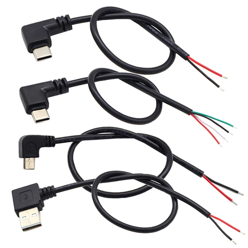 1pcs 2Pin 4Pin Micro USB / Type C Charger Connector USB 2.0 Type A Elbow Head Male Power Supply Extension Cable DIY Data Line
