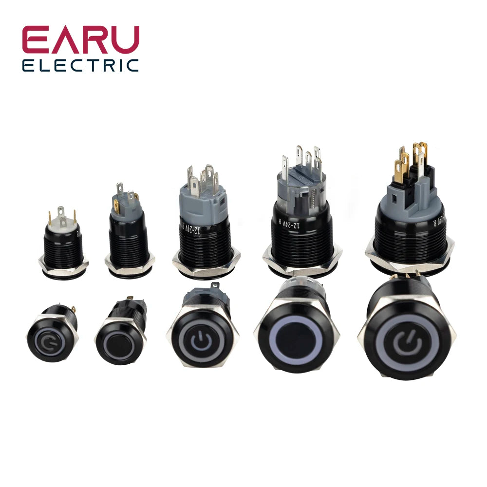 12/16/19/22mm Waterproof Metal Push Oxidized Black Button Switch LED Light Momentary Latching Car Engine Power Switch 5V 12V 24V
