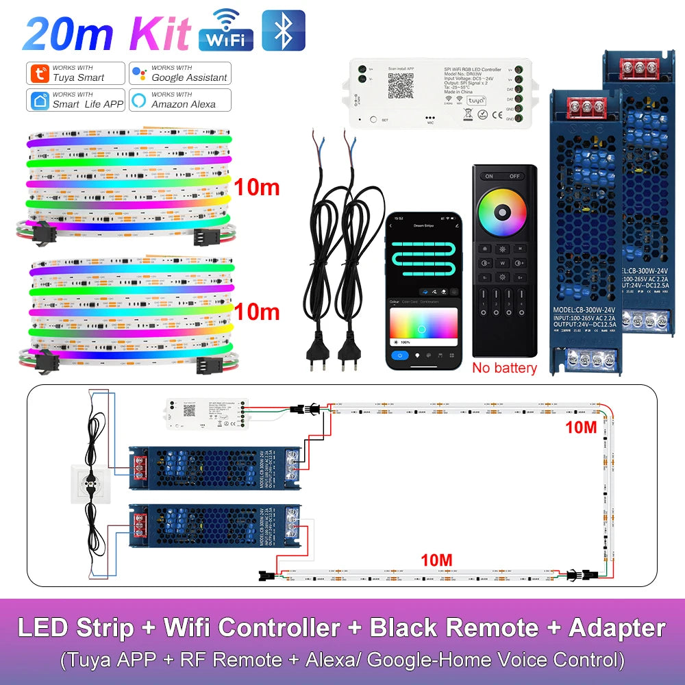RGB-IC COB LED Strip with Tuya Wifi Controller 2.4G Remote Alexa Google Home Rainbow Color Addressable LED Tape 10m 20m 25m Kit