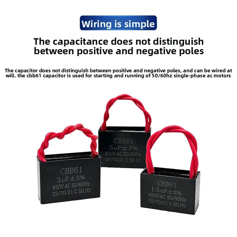CBB61Fan Starting Capacitance1.2/1.5/1.8/2/2.5/3/4/5/6/7UFCeiling Fan Range Hood450V