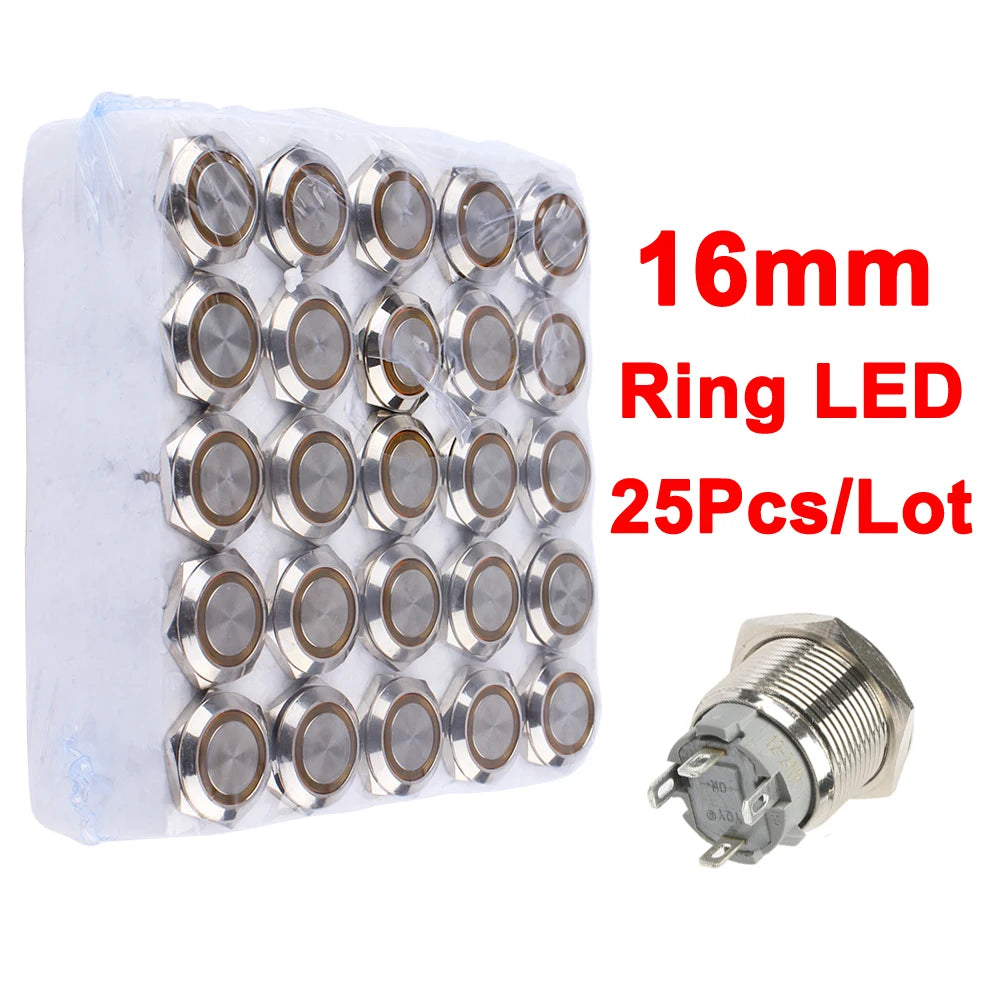 16mm Waterproof Metal Push button Switches With LED Light Flat Head 19mm Momentary self-Reset or Latching With Fixing 4Pins 12V