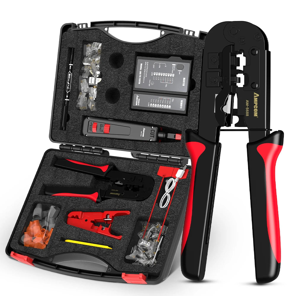 AMPCOM RJ45 Crimper Lan Tester Tool Set Ethernet Cable Stripper Punch Down Tool RJ 45 RJ11 Connectors 12 in 1 Cabling Repair Set