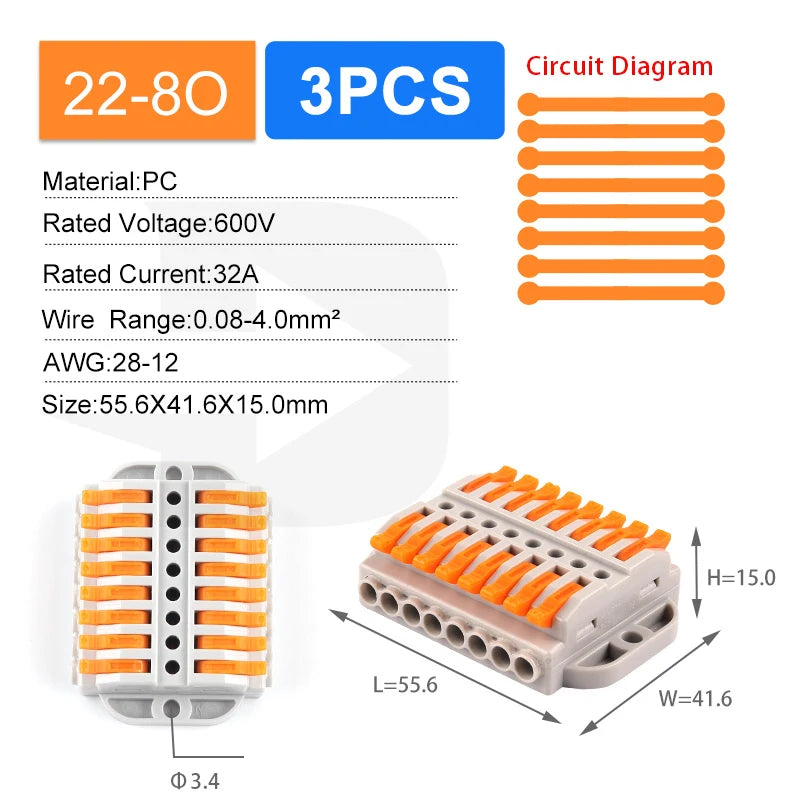 Quick Butt Lever Crimp Terminals Wire Connectors 2-12 Way With Fixing Holes Push-In Universal Compact Electrical Terminal Block