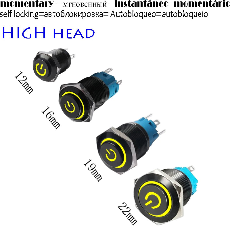 High Head 12/16/19/22mm Black Shell Car Dashboard Waterproof Metal Button Switch LED 12V/24V/220V Self-locking Fixed Momentary