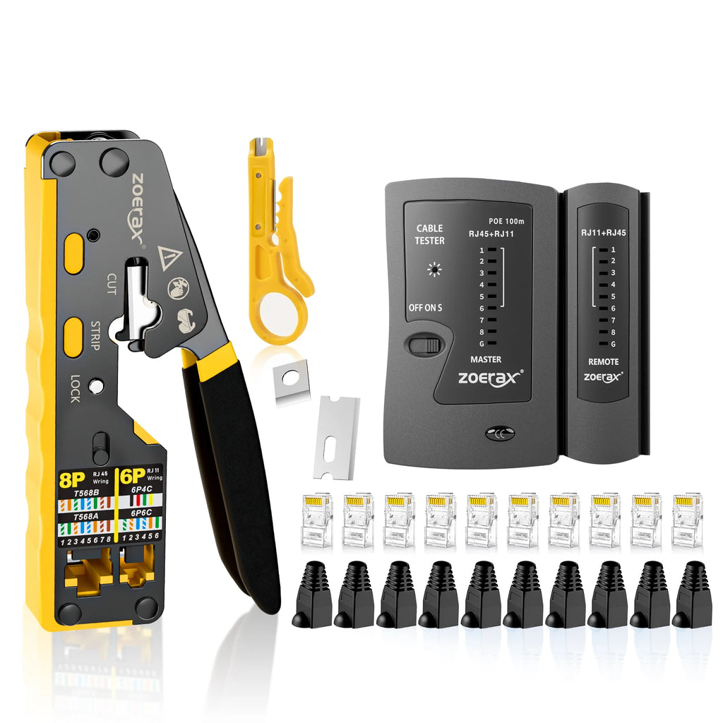 ZoeRax Pass Through RJ45 Crimp Kit Cat5e/Cat6 Crimper with 10PCS 8P8C Cat5e/Cat6 Connectors POE LAN Tester for RJ45 RJ11 Wiring
