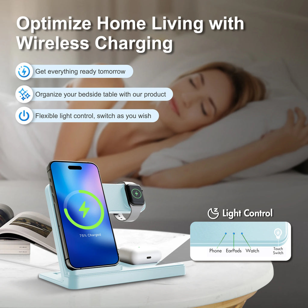 15W Magnetic Wireless Charger 3 In 1 Fast Charging Station Travel Foldable for Magsafe iPhone 1716/15/14 Apple Watch AirPods Pro