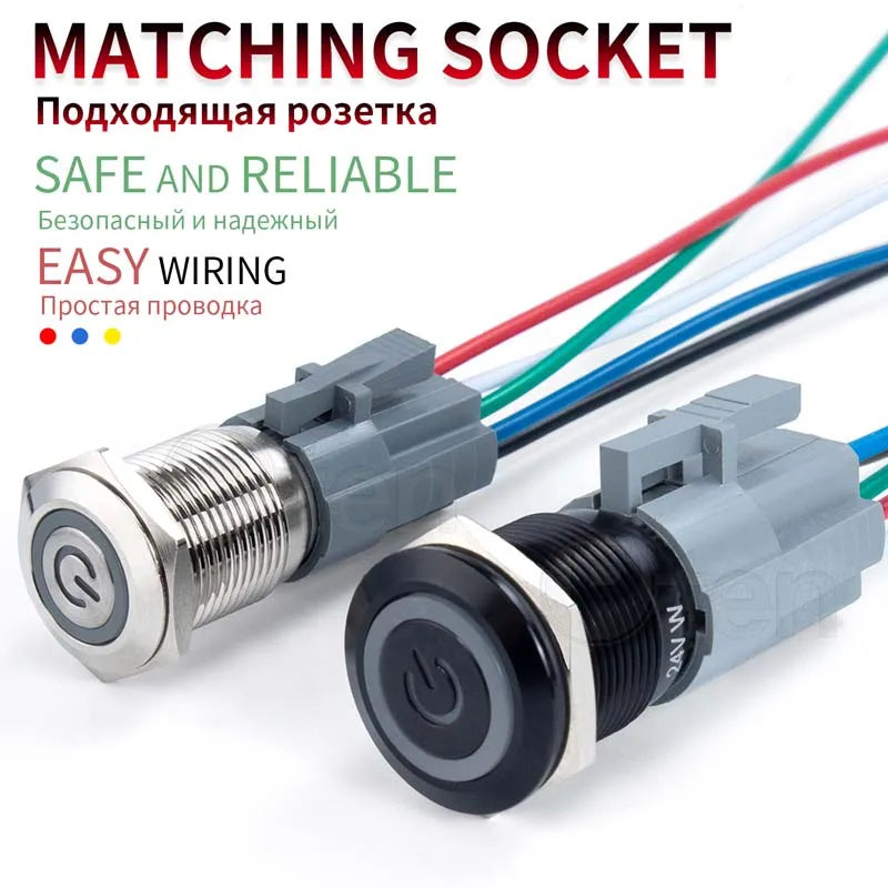 12/16/19/22/25/30/40mm Waterproof Metal Push Button Switch NO LED Light Momentary Latching Car Engine Power Switch  1NO1NC