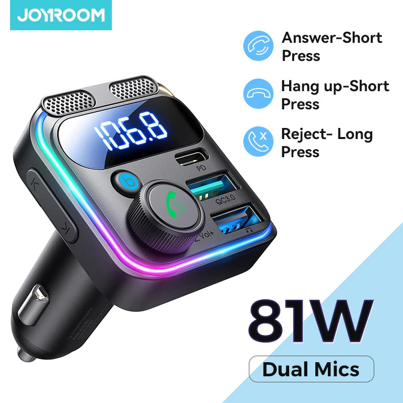 Joyroom Bluetooth 6.0 FM Transmitter with PD 45W&QC3.0 Fast Charger Bluetooth Car Adapter Portable Car AUX Radio Modulator MP3