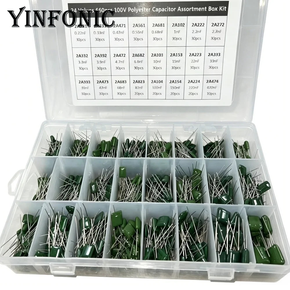 24Value 660pcs Mylar capacitor kit 100V 2A221J to 2A474J 10nF 100nF 0.1uF 1uF Polyester Film capacitor Assorted Kit