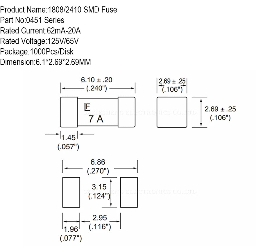 10Set 1808/2410 SMD Fuse Holder 01550900M High Temperature Resistance With 0451 Series SMD Fast Blow Fuse 62mA-20A 125V/65V AC