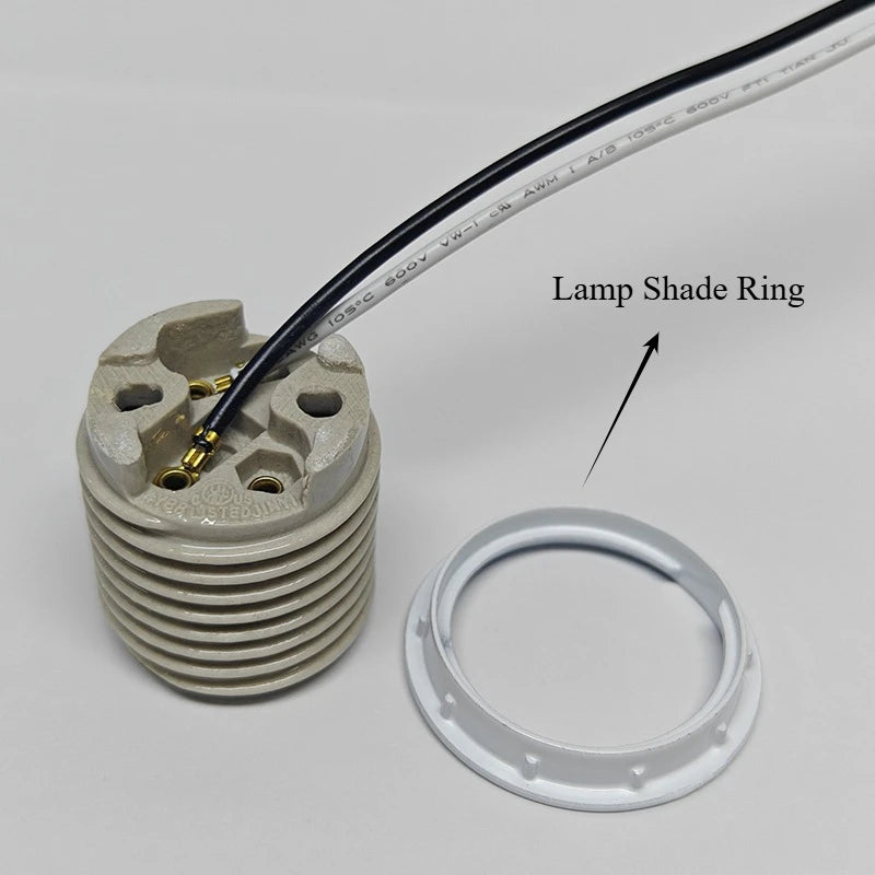 E26 Light Socket with Shade Ring, UL Listed Medium Screw  Porcelain Pre-Wired Lamp Holder for Halogen LED Bulb Lamp Fixture