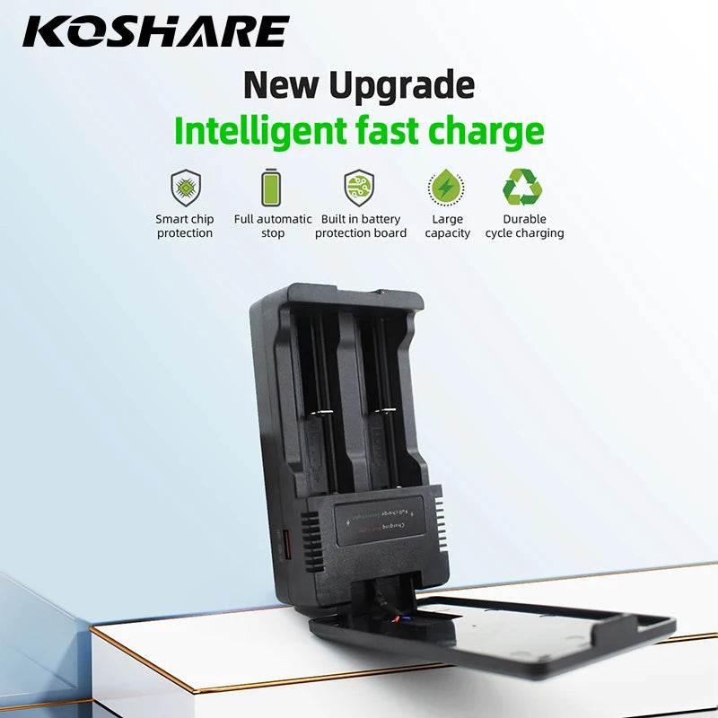 KOSHARE 2 Slot LED Display Battery Charger Type-C Input For 26650/21700/18650/18500/16340/14500 Lithium Rechargeable Batteries