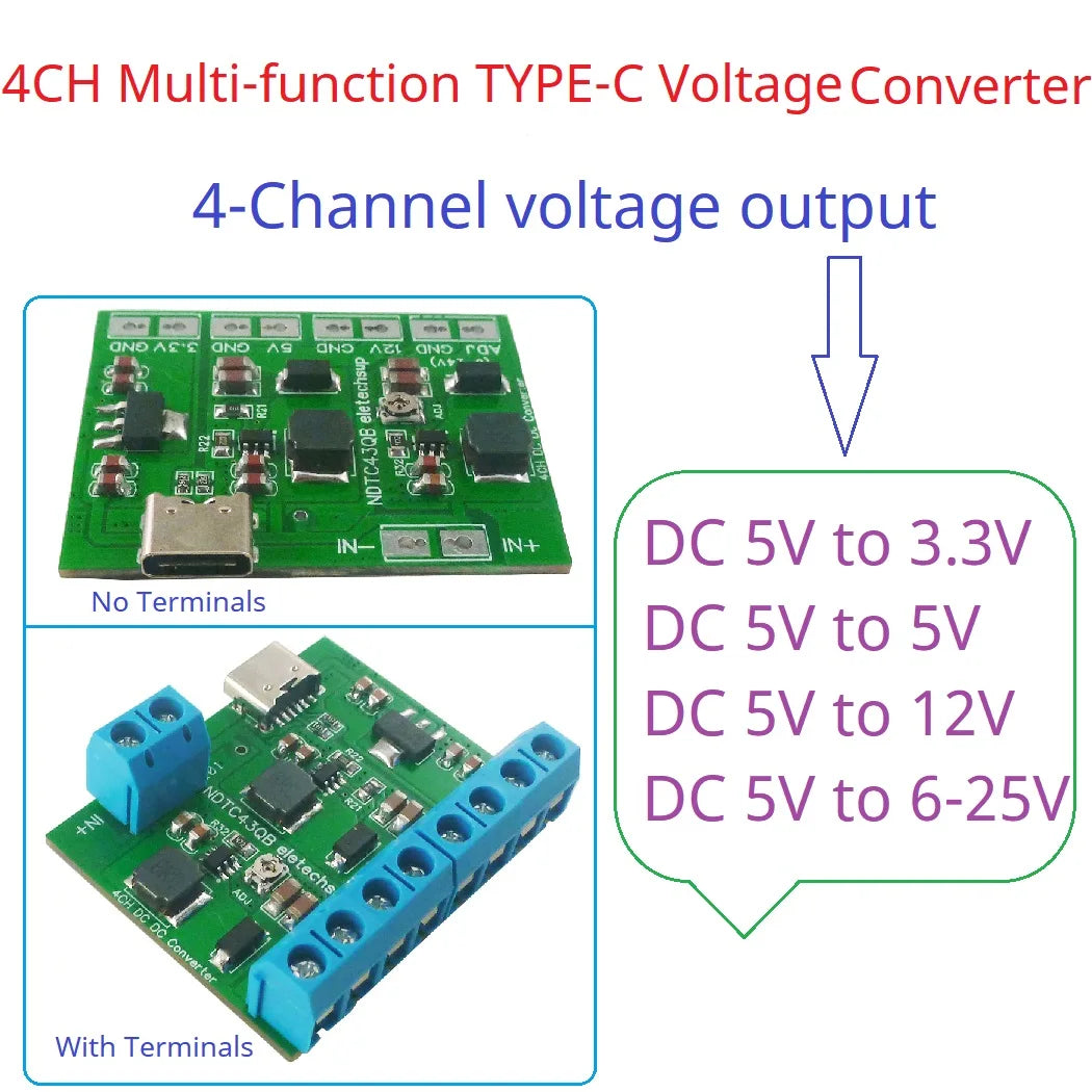 4CH 20W 3.3V 5V 12V ADJ TYPE-C Voltage Converter DC-DC Boost LDO Buck Power Supply for Arduino ESP8266 Raspberry Pi Breadboard