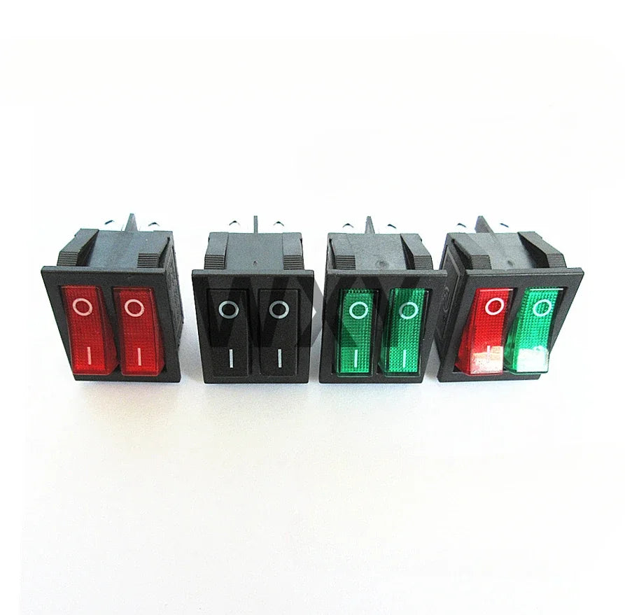 2Pcs KCD2 Double Boat Rocker Switch 6 Pin On-Off Position with Green Red Lights 20A 125VAC/16A 250V - Black No Light Option