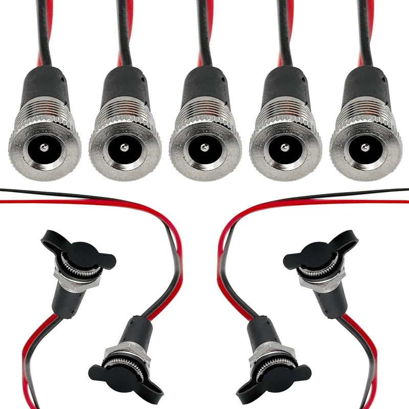 5Pcs Waterproof IP68 DC Power Socket 5521 5525 5A DC Female Jack Panel Mount Solder Connector with Cable Wire 15cm
