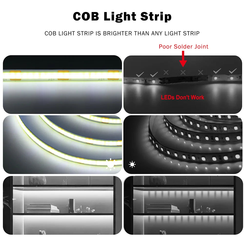 5V USB COB LED Strip Light Tape White Red Green Pink Ice Blue Yellow Flexible 320 LEDs 8mm PCB Ribbon TV Backlights Night Lamp