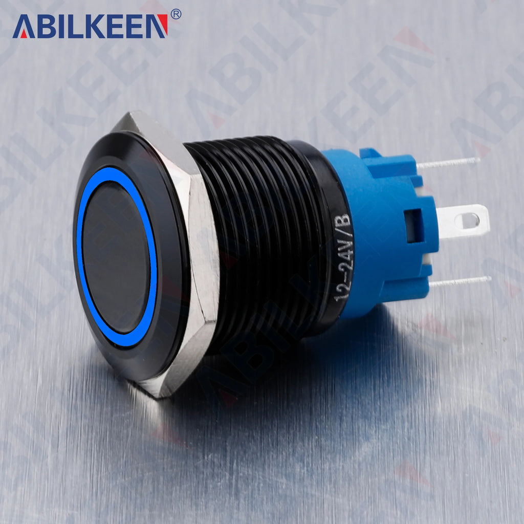 ABILKEEN 19mm Black Shell Push Button Switch LED Ring Illuminate Momentary/Latching Function 1NO1NC IP65 Waterproof Push Button