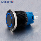 ABILKEEN 19mm Black Shell Push Button Switch LED Ring Illuminate Momentary/Latching Function 1NO1NC IP65 Waterproof Push Button