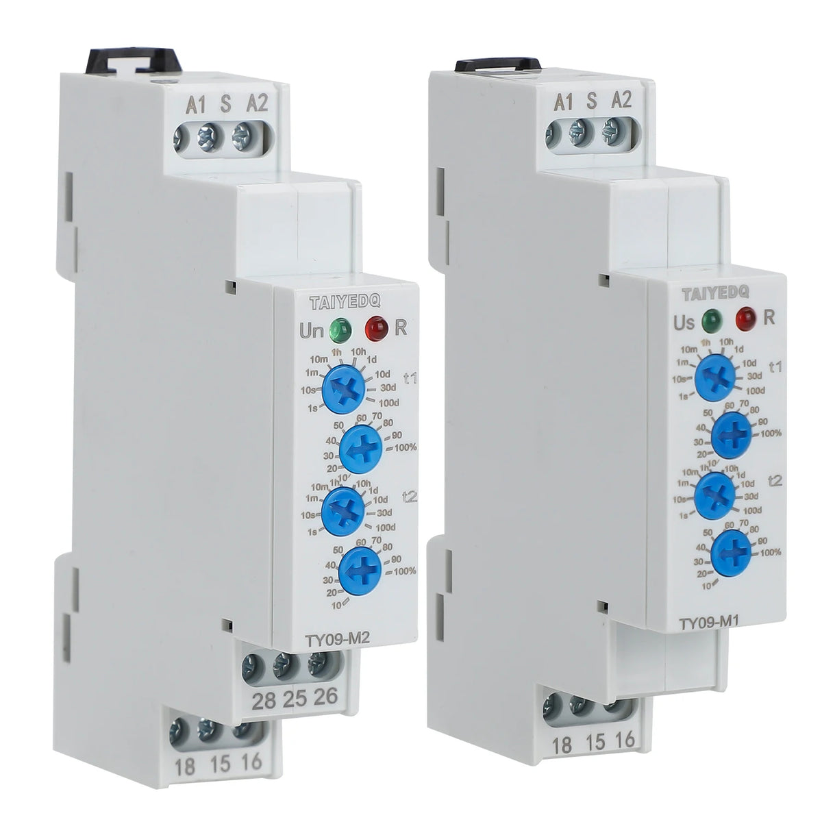 TY09-M1 M2 Cyclic Delay Timer Relay Switch SPDT 220V 16A AC/DC12V-240V 50/60Hz 0.1s-100 Days 2SPDT Din Rail