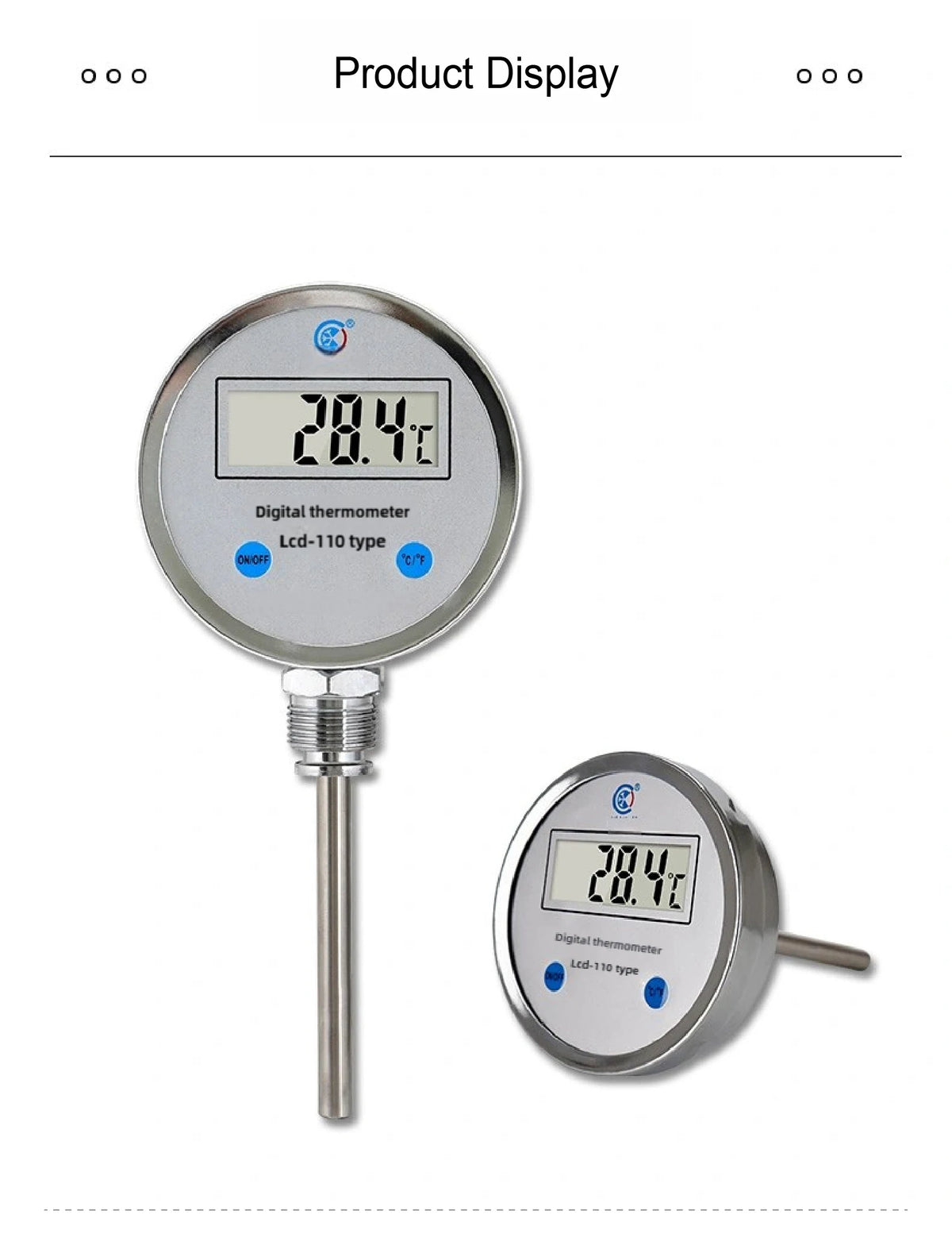 Digital Bimetal Thermometer LCD‑110 Stainless Steel Probe High Precision Water Temp Gauge Axial/Radial Mount IP65