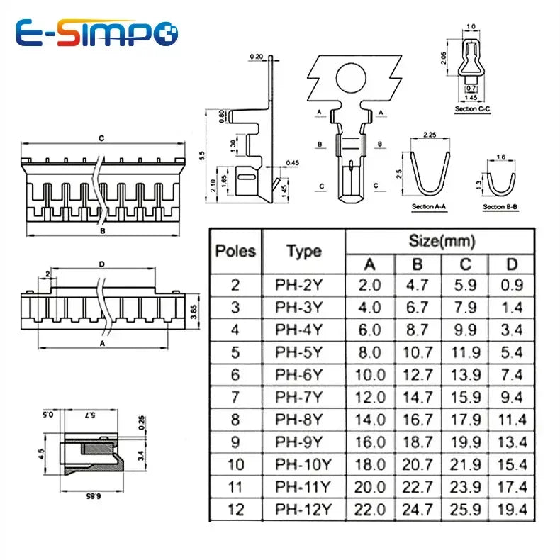 10pcs Ph2.0mm Male Connector Terminal Cable Lenght 20cm Red White Wire Pitch 10 pin Double Head 26AWG wire