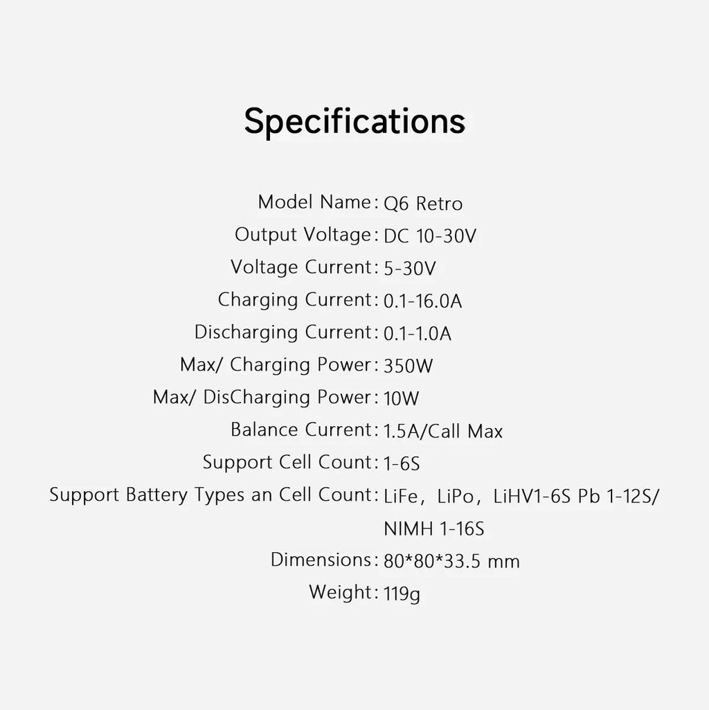 ISDT Q6 Retro 350W 16A DC Lipo Battery Balance Charger Discharger for 2-6S Digital Battery Li-Po Li-Hv Li-Ion Li-Fe NiMH Ni-Cd