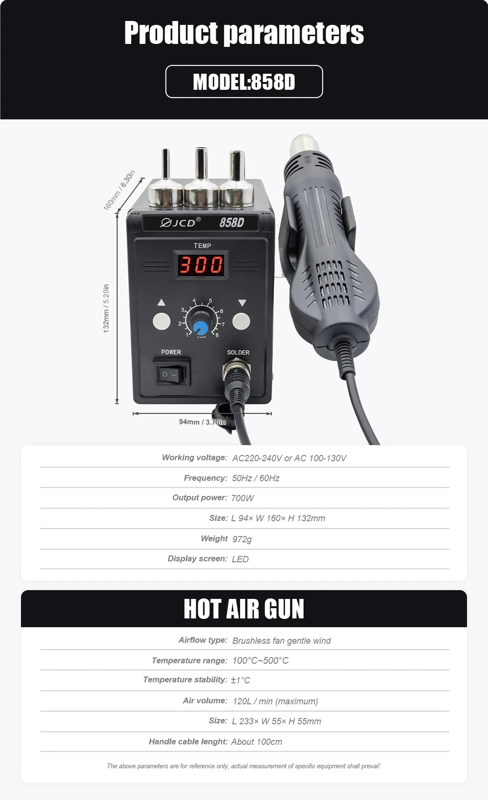 858D-B JCD Hot Air Gun BGA Rework Soldering Station, 220V SMD SMT Welding Repair Heat Gun