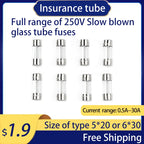 10PCS 5x20/6X30mm Slow Blow Glass Tube Fuse Multiple Current Specifications Can Mixed 0.5/1/23/4/5/6.3/10/15/20/30A