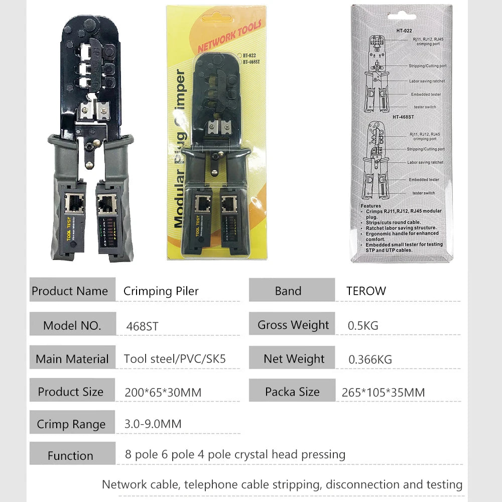 Professional Wire Stripper CAT6 Crystal Head Crimping Tool with RJ45 Cables Meter Tester for 4P/6P/8P Network Cable Cutters