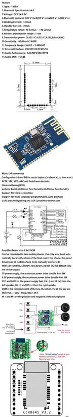 Bluetooth 4.0 CSR8645 Amplifier Board 5W+5W APT-X Stereo Receiver Amp Module