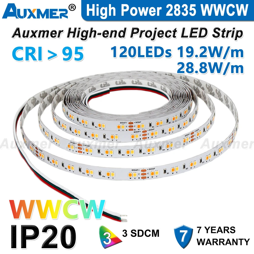 Auxmer 2835 WWCW LED Strip Lights,120LEDs/m 240LEDs/m,CRI＞95 Super Bright Flex LED DC12/24V,5m/reel,CCT 2400~6500K,IP20,3SDCM