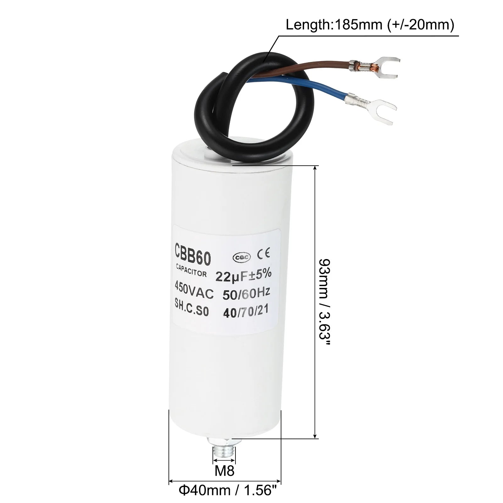 5-22uf CBB60 Run Capacitor AC 450V U Terminal Wires 50/60Hz Cylinder Bottom with M8 Screw for Washing Machine Pump Motor Star