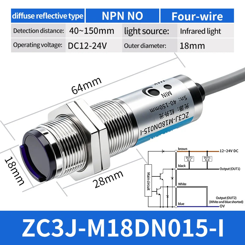 ZHICAN ZC3J M8 M12 M18 Infrared Photoelectric Sensor Diffuse Reflective Adjustable Sensing Distance NPN PNP NO NC