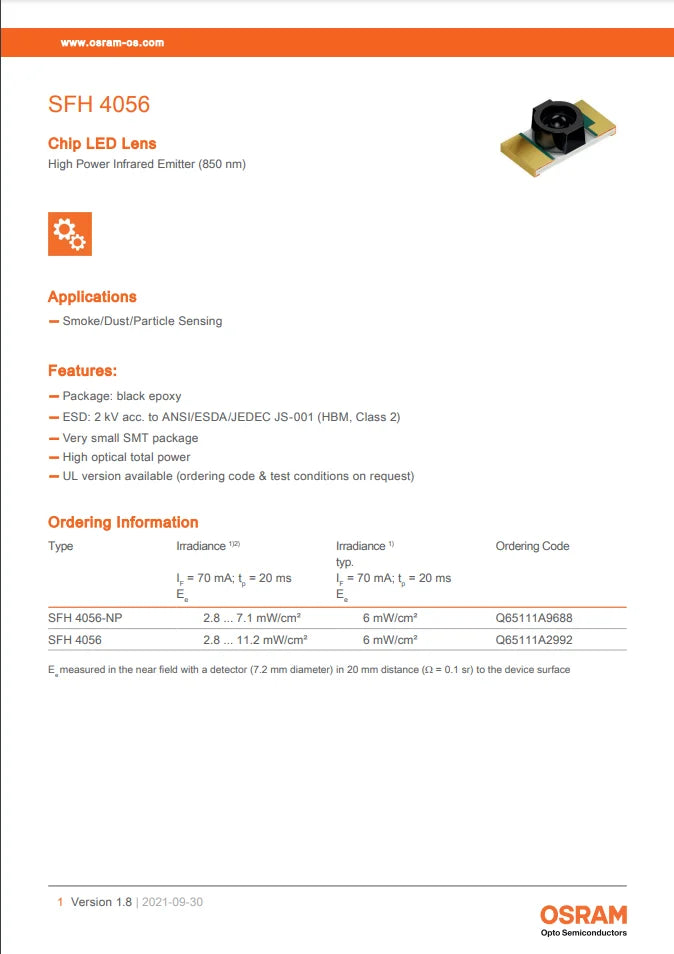 SFH4056 Optoelectronics LED Emitters - Infrared, UV, Visible 860nm 1.6V 70mA 35mW/sr @ 70mA 44° 2-SMD, No Lead