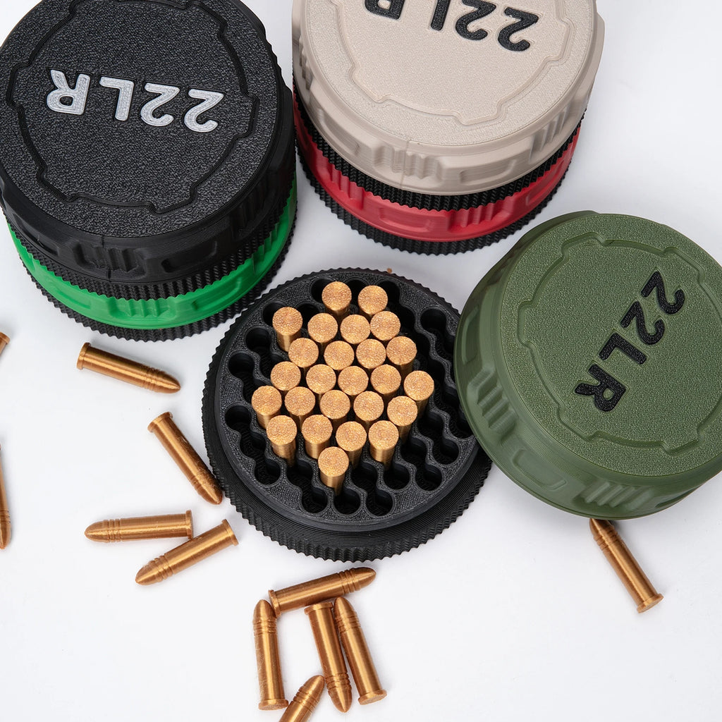 A compact storage case capable of holding 55 .22LR rounds—convenient for carrying to the shooting range.
