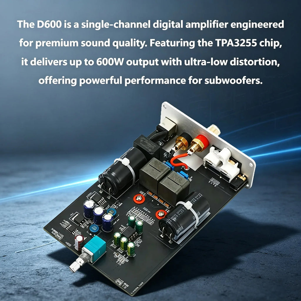 YJCO D600 TPA3255 Mono Amplifier 600W DC24-48V HiFi Digital Audio Amp RCA 3.5mm Input Subwoofer Power Amplifier SNR110dB