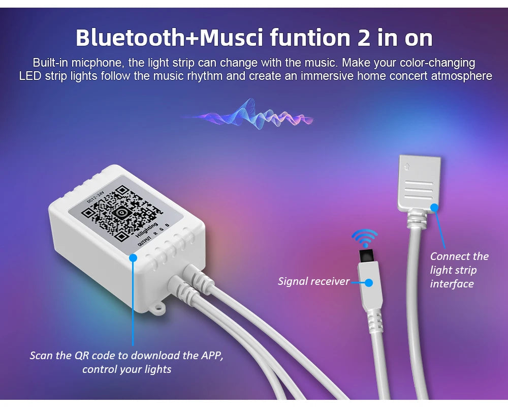 (EU Plug) LED Strip Light RGB Music Sync Color Changing  Sensitive Built-in Mic, App LED Lights DC12V Flexible